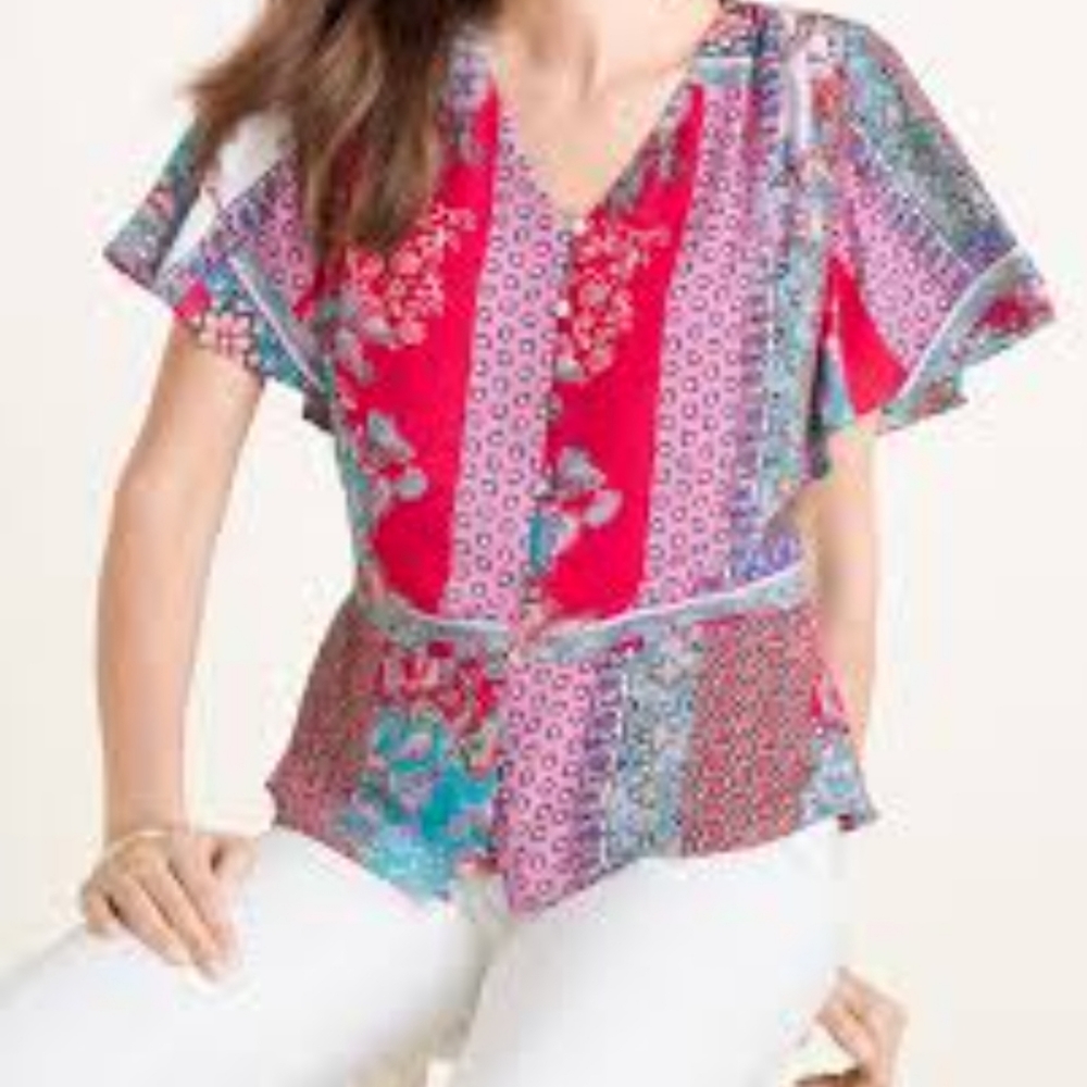 Chico's Patchwork Peplum Colorful Loose Fit Flutter Sleeve Boho Top EUC sz M
